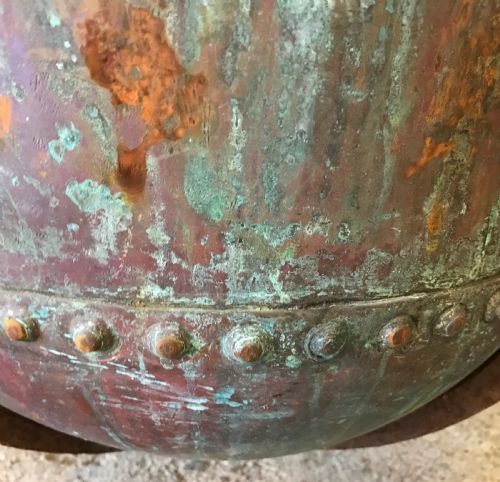 19TH CENTURY RIVETED COPPER BOILER CAULDRON ON HEAVY IRON BASE - ADDITIONAL PHOTO 3