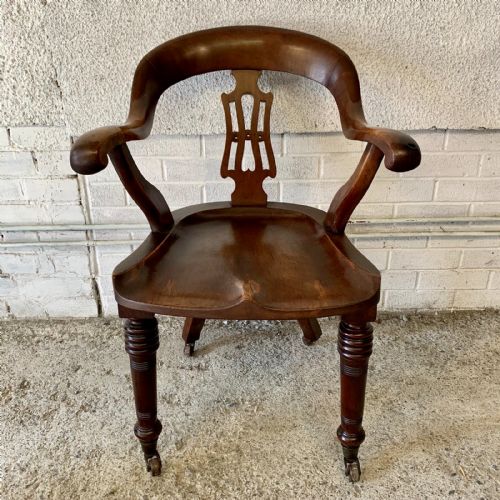victorian mahogany desk chair with pierced back and brass castors - CATEGORY: ANTIQUE CHAIRS - DATED VICTORIAN