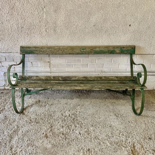 circa 1900 wrought iron garden bench with wooden slats in original green paint - CATEGORY: ANTIQUE FURNITURE - DATED 1900