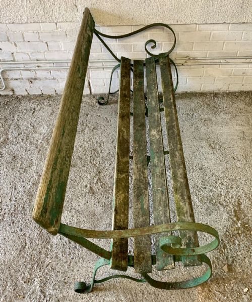 CIRCA 1900 WROUGHT IRON GARDEN BENCH WITH WOODEN SLATS IN ORIGINAL GREEN PAINT - ADDITIONAL PHOTO 9