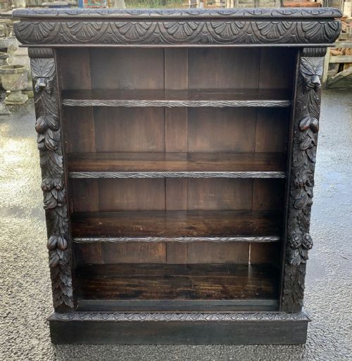 VICTORIAN CARVED OAK BOOKCASE WITH 3 ADJUSTABLE SHELVES - ADDITIONAL PHOTO 1