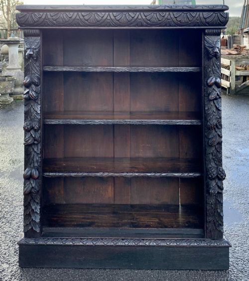 VICTORIAN CARVED OAK BOOKCASE WITH 3 ADJUSTABLE SHELVES - ADDITIONAL PHOTO 2