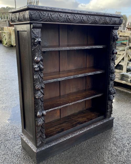 VICTORIAN CARVED OAK BOOKCASE WITH 3 ADJUSTABLE SHELVES - ADDITIONAL PHOTO 3