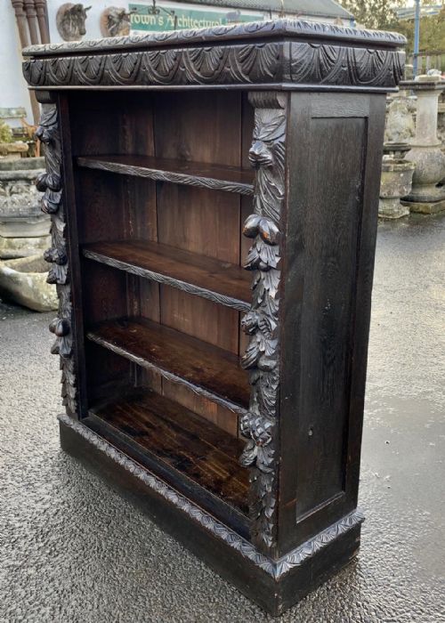 VICTORIAN CARVED OAK BOOKCASE WITH 3 ADJUSTABLE SHELVES - ADDITIONAL PHOTO 4