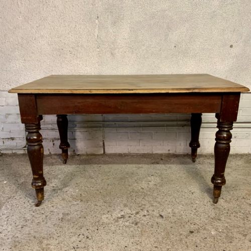 victorian pine kitchen table in original finish and on turned legs with casters - CATEGORY: ANTIQUE TABLES - DATED VICTORIAN