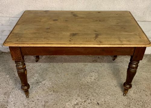 VICTORIAN PINE KITCHEN TABLE IN ORIGINAL FINISH AND ON TURNED LEGS WITH CASTERS - ADDITIONAL PHOTO 16