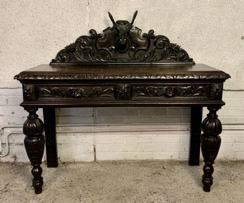 VICTORIAN CARVED OAK SIDE TABLE WITH 2 DRAWERS TO FRONT FRIEZE AND CARVED STAGS HEAD TO BACK GALLERY - ADDITIONAL PHOTO 1