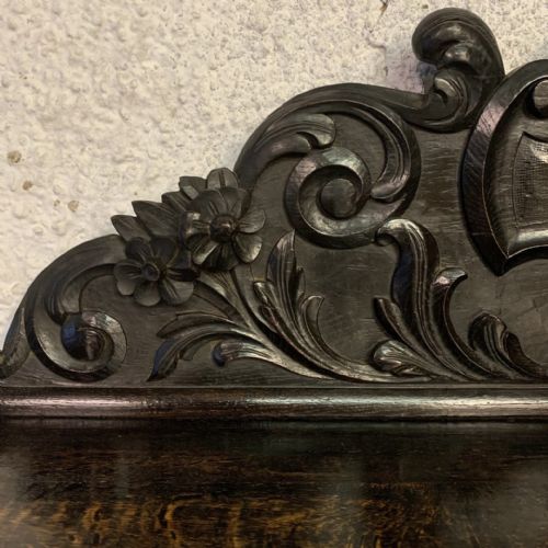 VICTORIAN CARVED OAK SIDE TABLE WITH 2 DRAWERS TO FRONT FRIEZE AND CARVED STAGS HEAD TO BACK GALLERY - ADDITIONAL PHOTO 3