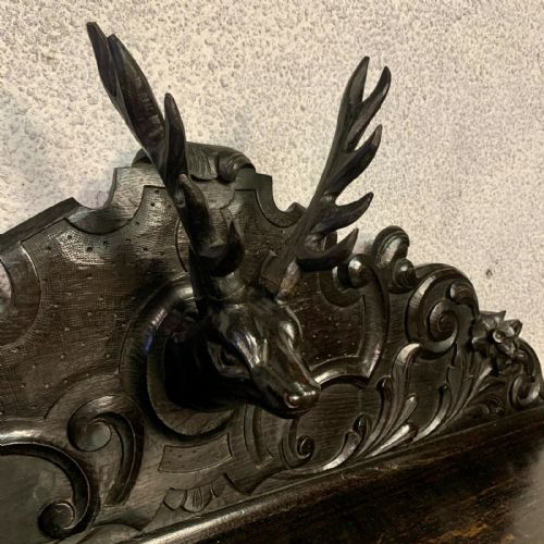 VICTORIAN CARVED OAK SIDE TABLE WITH 2 DRAWERS TO FRONT FRIEZE AND CARVED STAGS HEAD TO BACK GALLERY - ADDITIONAL PHOTO 4