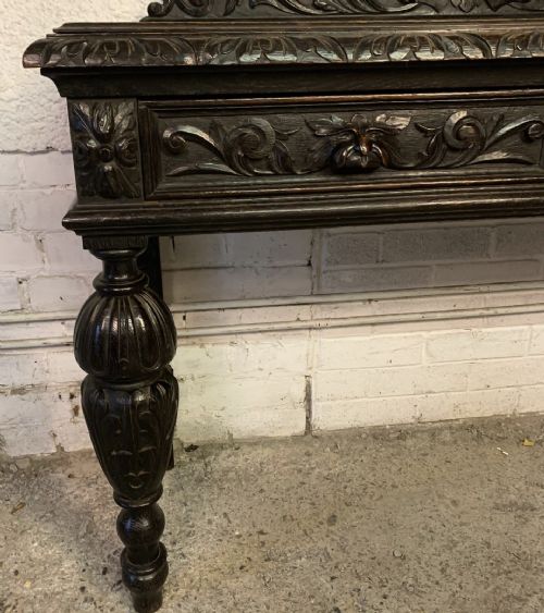 VICTORIAN CARVED OAK SIDE TABLE WITH 2 DRAWERS TO FRONT FRIEZE AND CARVED STAGS HEAD TO BACK GALLERY - ADDITIONAL PHOTO 5