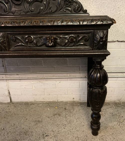 VICTORIAN CARVED OAK SIDE TABLE WITH 2 DRAWERS TO FRONT FRIEZE AND CARVED STAGS HEAD TO BACK GALLERY - ADDITIONAL PHOTO 6