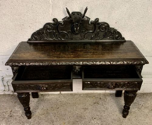 VICTORIAN CARVED OAK SIDE TABLE WITH 2 DRAWERS TO FRONT FRIEZE AND CARVED STAGS HEAD TO BACK GALLERY - ADDITIONAL PHOTO 9