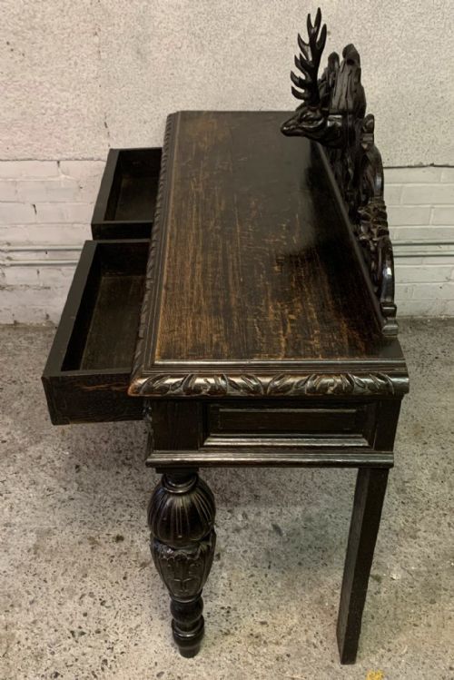 VICTORIAN CARVED OAK SIDE TABLE WITH 2 DRAWERS TO FRONT FRIEZE AND CARVED STAGS HEAD TO BACK GALLERY - ADDITIONAL PHOTO 10