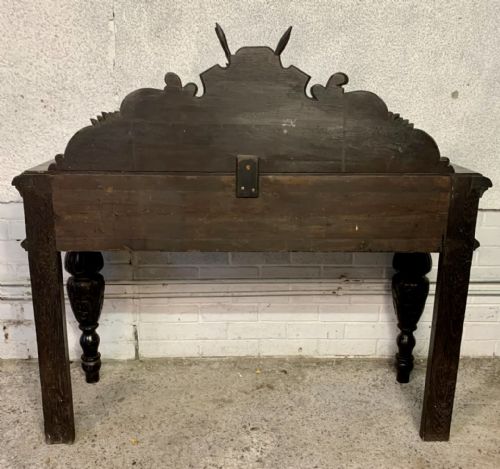 VICTORIAN CARVED OAK SIDE TABLE WITH 2 DRAWERS TO FRONT FRIEZE AND CARVED STAGS HEAD TO BACK GALLERY - ADDITIONAL PHOTO 15