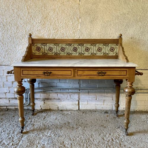 victorian ash washstand with marble top and tiled upstand - CATEGORY: ANTIQUE FURNITURE - DATED VICTORIAN