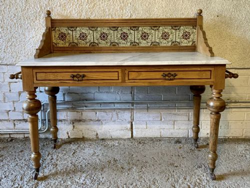 VICTORIAN ASH WASHSTAND WITH MARBLE TOP AND TILED UPSTAND - ADDITIONAL PHOTO 1