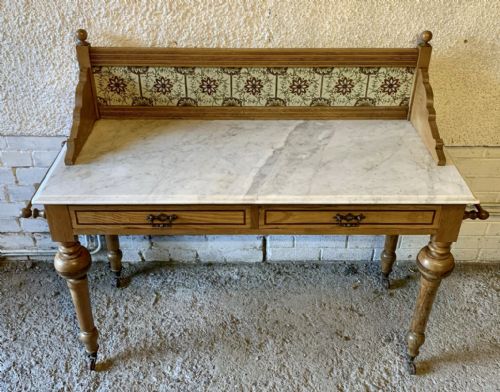 VICTORIAN ASH WASHSTAND WITH MARBLE TOP AND TILED UPSTAND - ADDITIONAL PHOTO 2