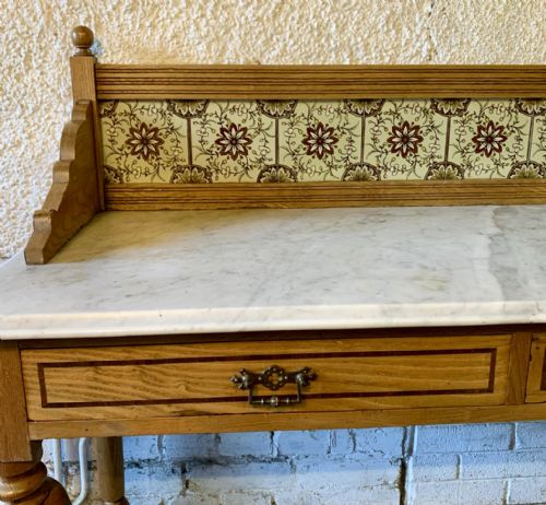 VICTORIAN ASH WASHSTAND WITH MARBLE TOP AND TILED UPSTAND - ADDITIONAL PHOTO 3