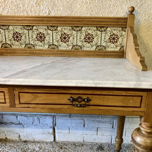 VICTORIAN ASH WASHSTAND WITH MARBLE TOP AND TILED UPSTAND - ADDITIONAL PHOTO 4