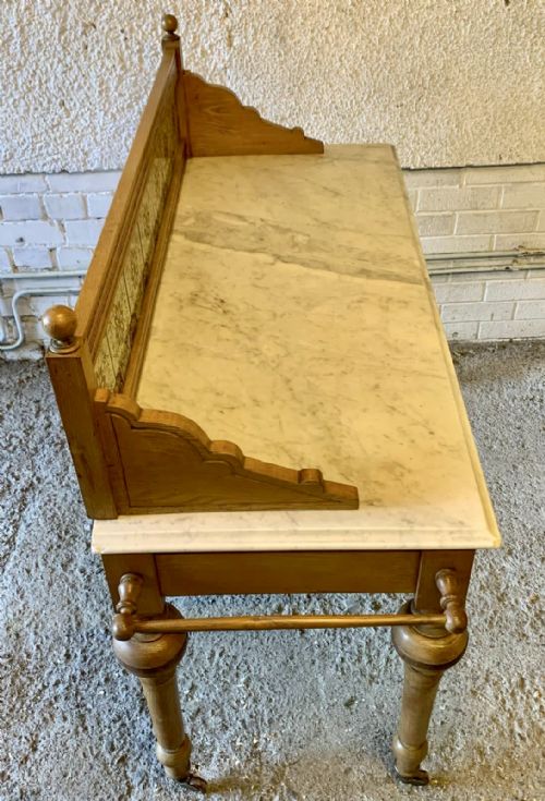 VICTORIAN ASH WASHSTAND WITH MARBLE TOP AND TILED UPSTAND - ADDITIONAL PHOTO 6