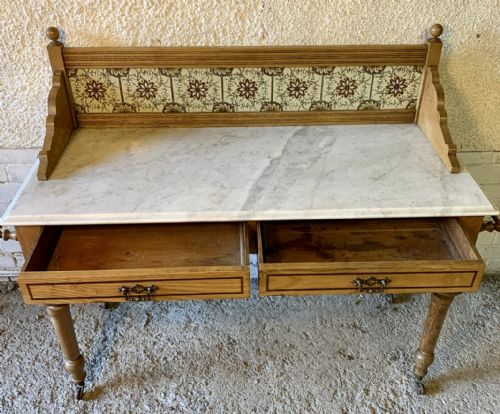 VICTORIAN ASH WASHSTAND WITH MARBLE TOP AND TILED UPSTAND - ADDITIONAL PHOTO 7