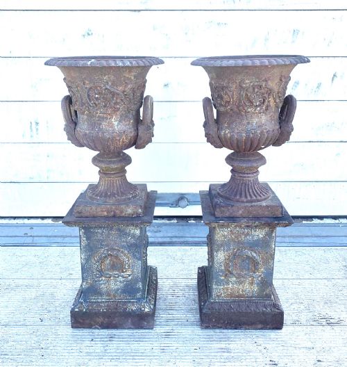circa 1900 pair of cast iron urns on original plinths - CATEGORY: ANTIQUE METAL - DATED 1900