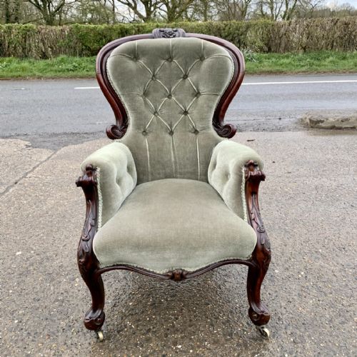 victorian walnut show frame armchair with button back upholstery and leaf capped cabriole front legs - CATEGORY: ANTIQUE CHAIRS - DATED VICTORIAN