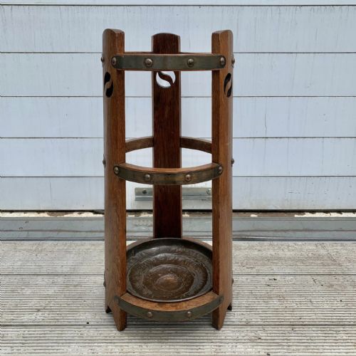 oak arts and crafts stick stand with original removable copper drip tray - CATEGORY: ANTIQUE MISCELLANEOUS - DATED 1920