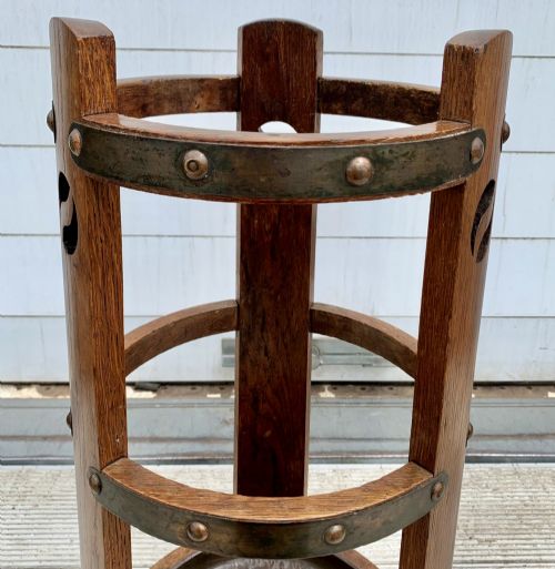 OAK ARTS AND CRAFTS STICK STAND WITH ORIGINAL REMOVABLE COPPER DRIP TRAY - ADDITIONAL PHOTO 2