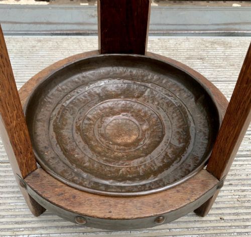 OAK ARTS AND CRAFTS STICK STAND WITH ORIGINAL REMOVABLE COPPER DRIP TRAY - ADDITIONAL PHOTO 3