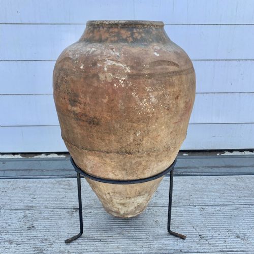 19th century part glazed terracotta oil jar on associated iron stand - CATEGORY: ANTIQUE CERAMICS - DATED 19TH CENTURY