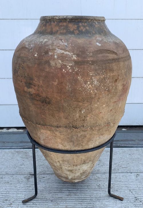 19TH CENTURY PART GLAZED TERRACOTTA OIL JAR ON ASSOCIATED IRON STAND - ADDITIONAL PHOTO 1