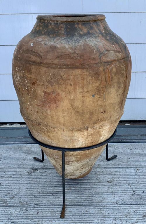19TH CENTURY PART GLAZED TERRACOTTA OIL JAR ON ASSOCIATED IRON STAND - ADDITIONAL PHOTO 3
