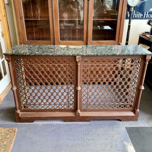 Gothic Style Victorian Cast Iron Radiator Cover with a Green Marble Shelf