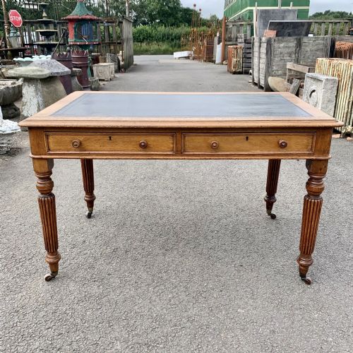victorian oak writing table with original leather insert - CATEGORY: ANTIQUE TABLES - DATED VICTORIAN