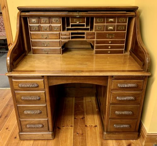 1920's mahogany roll top twin pedestal desk complete with original lock and key - CATEGORY: ANTIQUE DESKS - DATED 1920
