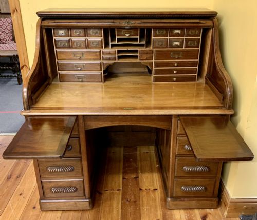 1920'S MAHOGANY ROLL TOP TWIN PEDESTAL DESK COMPLETE WITH ORIGINAL LOCK AND KEY - ADDITIONAL PHOTO 7