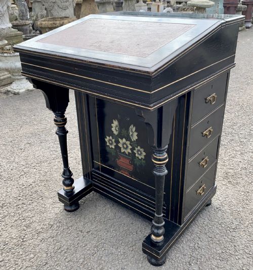 VICTORIAN EBONISED AESTHETIC MOVEMENT DAVENPORT WITH ORIGINAL FADED LEATHER TO WRITING SLOPE - ADDITIONAL PHOTO 1