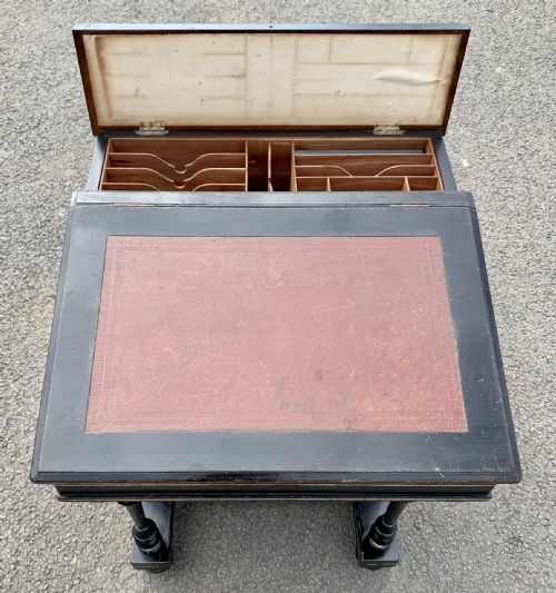 VICTORIAN EBONISED AESTHETIC MOVEMENT DAVENPORT WITH ORIGINAL FADED LEATHER TO WRITING SLOPE - ADDITIONAL PHOTO 2