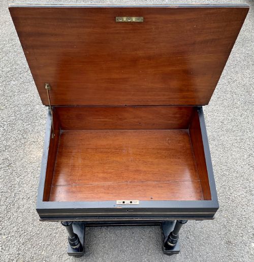 VICTORIAN EBONISED AESTHETIC MOVEMENT DAVENPORT WITH ORIGINAL FADED LEATHER TO WRITING SLOPE - ADDITIONAL PHOTO 4