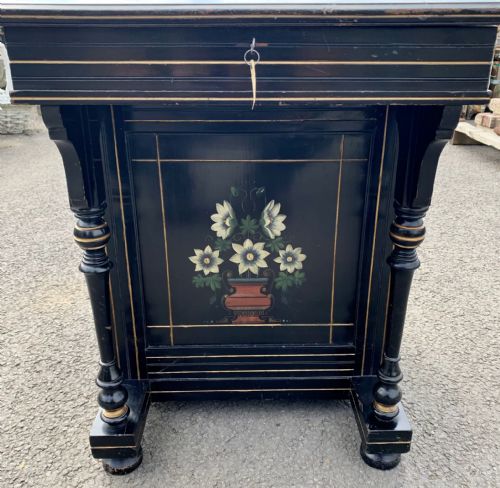VICTORIAN EBONISED AESTHETIC MOVEMENT DAVENPORT WITH ORIGINAL FADED LEATHER TO WRITING SLOPE - ADDITIONAL PHOTO 5