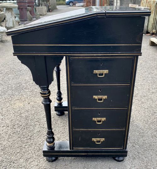 VICTORIAN EBONISED AESTHETIC MOVEMENT DAVENPORT WITH ORIGINAL FADED LEATHER TO WRITING SLOPE - ADDITIONAL PHOTO 6