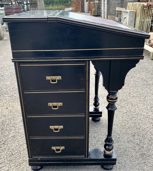 VICTORIAN EBONISED AESTHETIC MOVEMENT DAVENPORT WITH ORIGINAL FADED LEATHER TO WRITING SLOPE - ADDITIONAL PHOTO 7