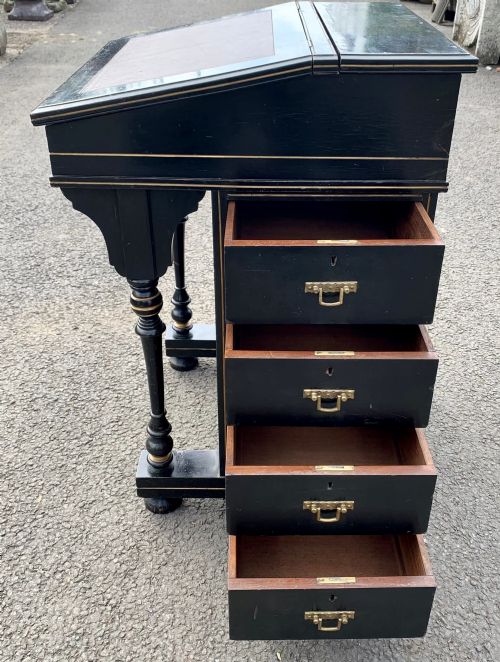VICTORIAN EBONISED AESTHETIC MOVEMENT DAVENPORT WITH ORIGINAL FADED LEATHER TO WRITING SLOPE - ADDITIONAL PHOTO 8