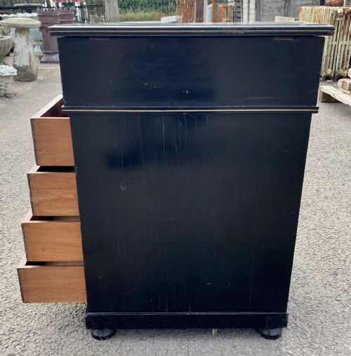 VICTORIAN EBONISED AESTHETIC MOVEMENT DAVENPORT WITH ORIGINAL FADED LEATHER TO WRITING SLOPE - ADDITIONAL PHOTO 9