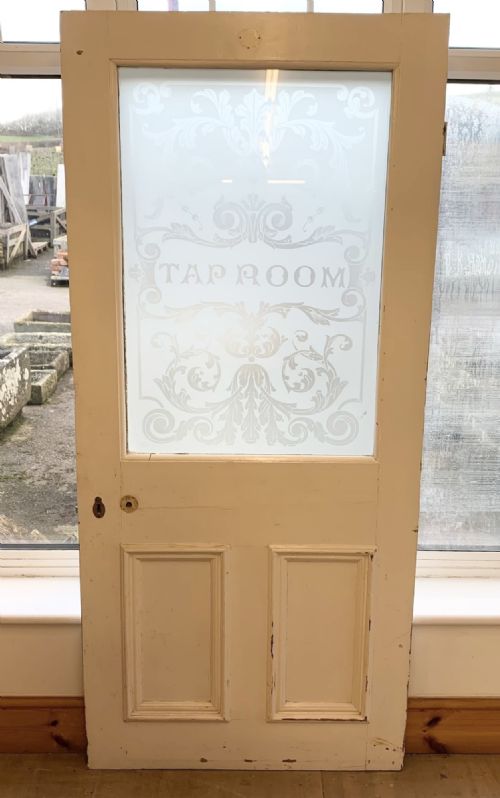 circa 1900 pine door with acid etched glass panel tap room - CATEGORY: ANTIQUE MISCELLANEOUS - DATED 1900