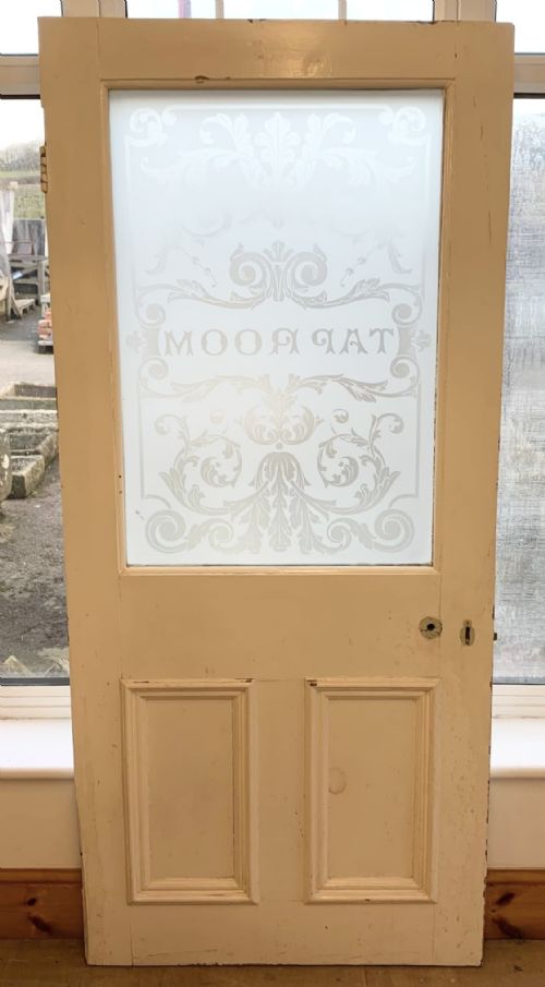 CIRCA 1900 PINE DOOR WITH ACID ETCHED GLASS PANEL TAP ROOM - ADDITIONAL PHOTO 2