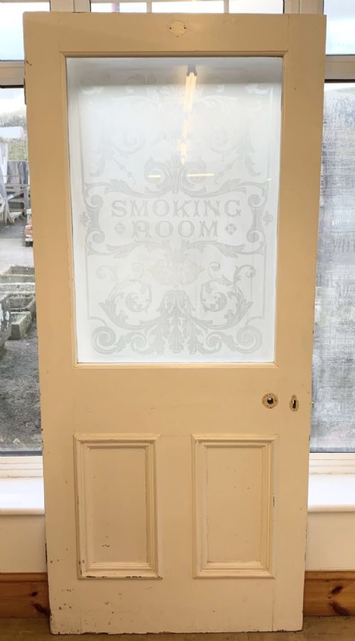 circa 1900 pine door with acid etched glass panel smoking room - CATEGORY: ANTIQUE MISCELLANEOUS - DATED 1900
