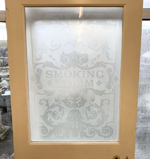 CIRCA 1900 PINE DOOR WITH ACID ETCHED GLASS PANEL SMOKING ROOM - ADDITIONAL PHOTO 1
