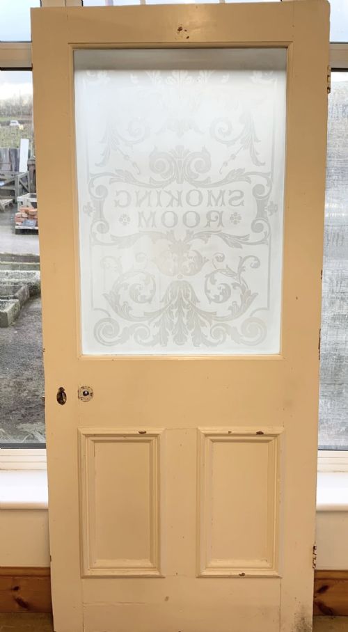 CIRCA 1900 PINE DOOR WITH ACID ETCHED GLASS PANEL SMOKING ROOM - ADDITIONAL PHOTO 3